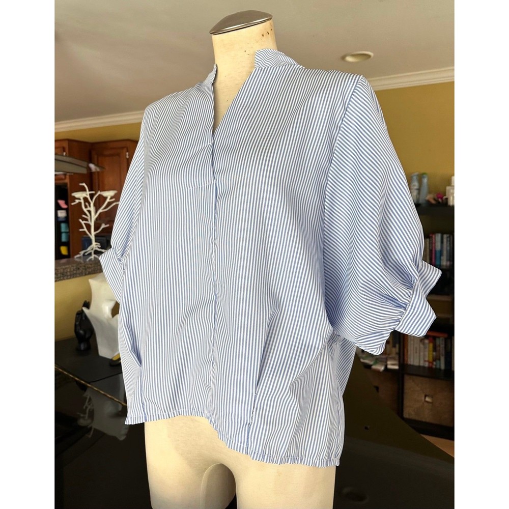 Blue & White Stripe Puff Sleeve Button Down Back Notch Collar Blouse